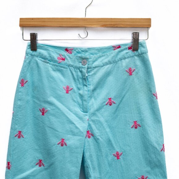 Lilly Pulitzer Bee Pants Size 0P Turquoise Blue Cropped Embroidered Slit Hem - Picture 2 of 7